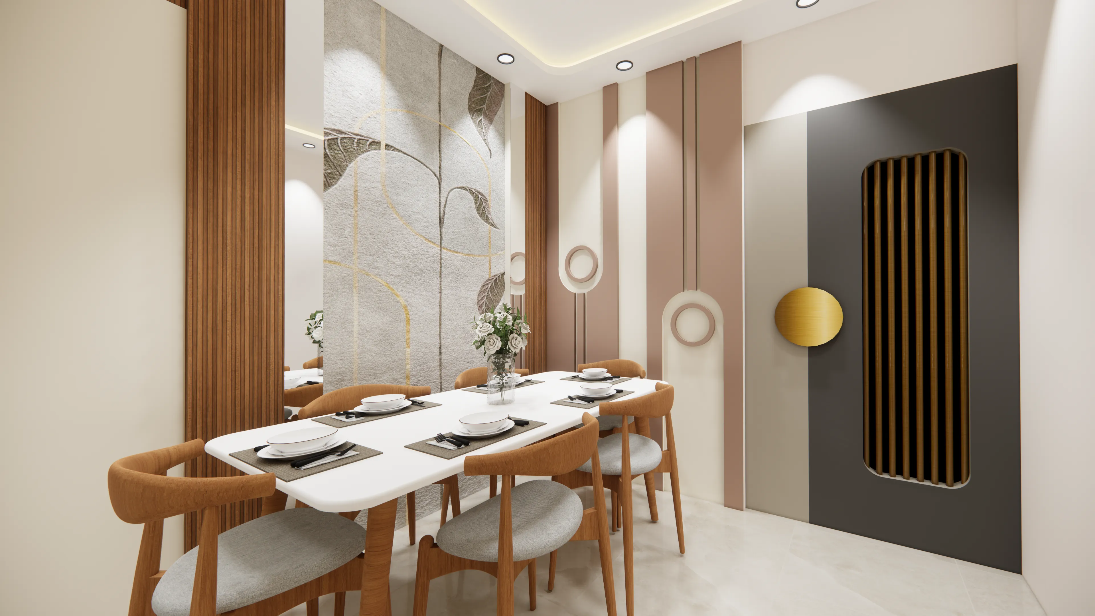An elegant dining space featuring warm wood furniture