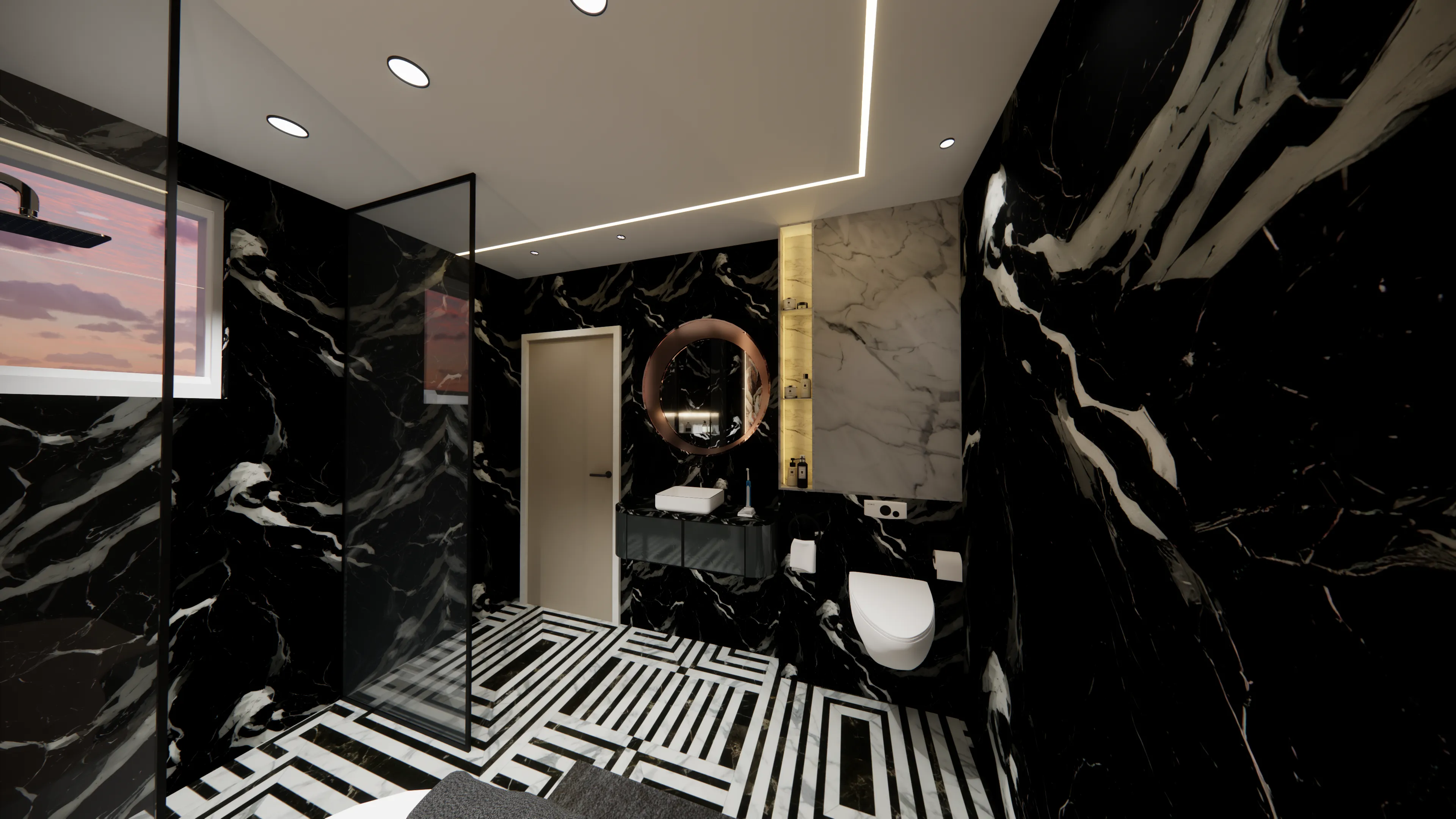 Rich black-veined stone envelops the bathroom