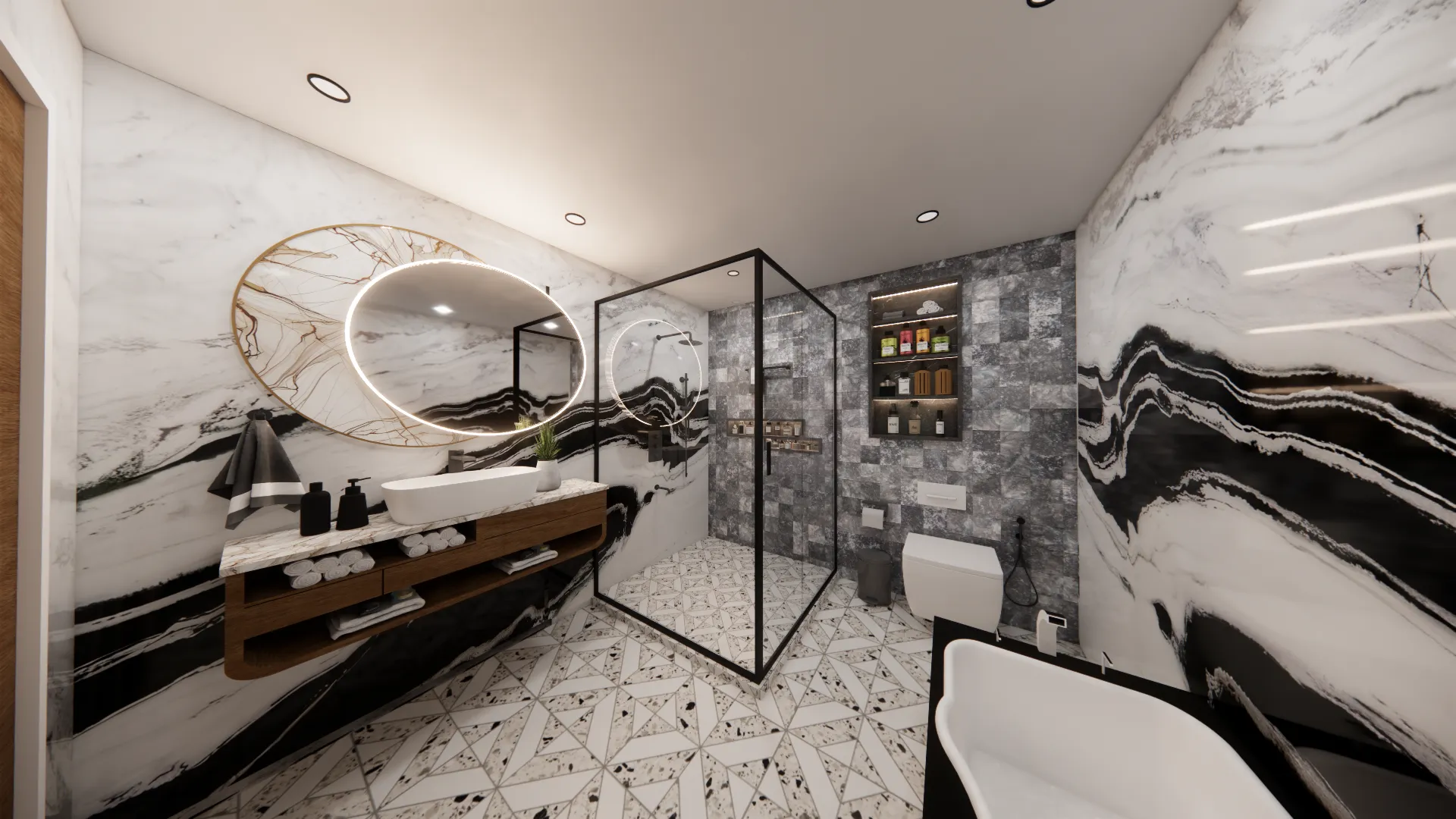 A striking bathroom defined by dramatic black-and-white marble
