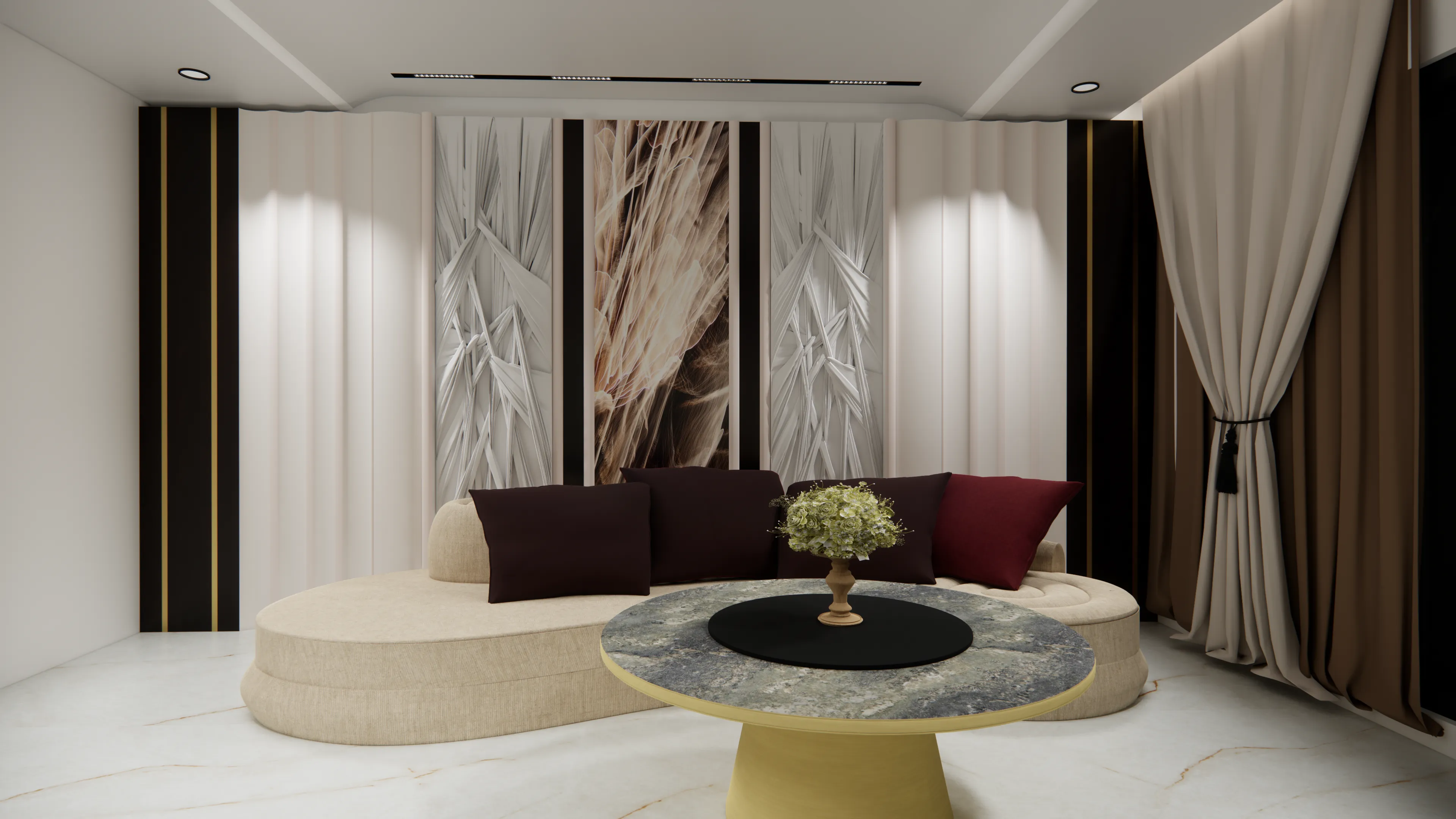 A refined lounge setting featuring a sculptural curved sofa, artistic wall panels, and rich burgundy accents. The marble-top centre table, soft lighting, and layered drapery add warmth and understated luxury.