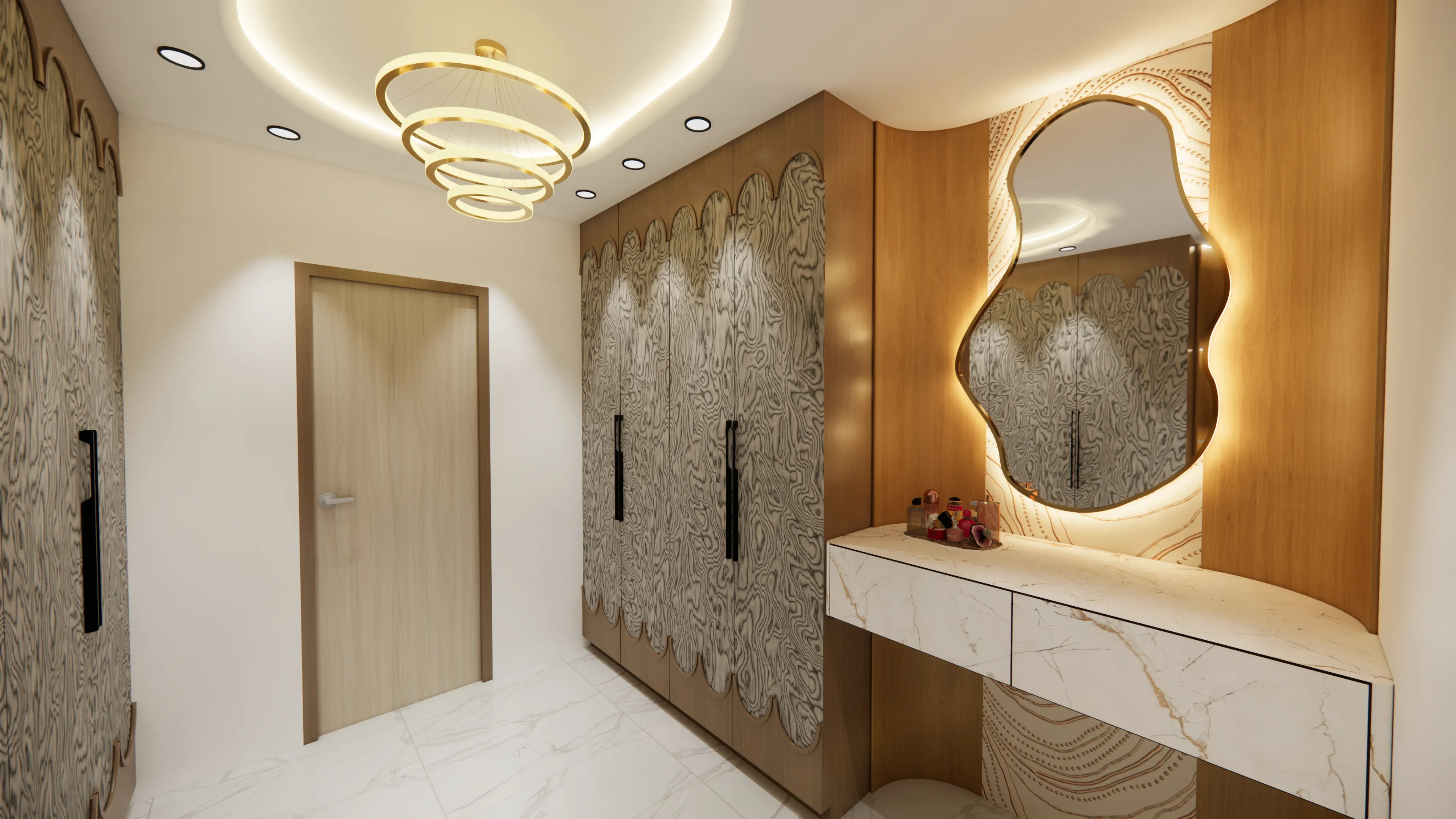 A distinctive dressing area featuring sculpted wardrobe panels
