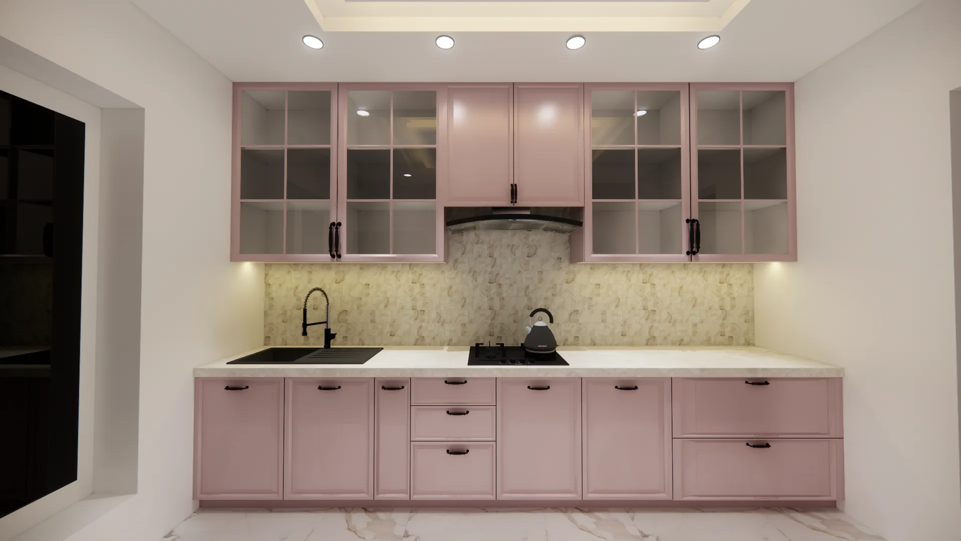 A charming kitchen featuring soft blush cabinetry